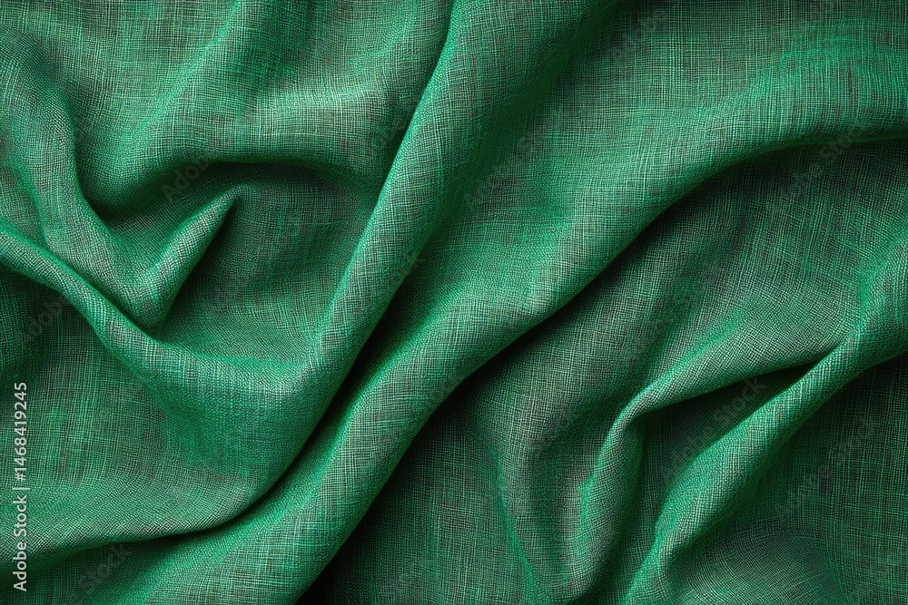 Poster a close-up view of elegant green fabric showcasing its soft. flowing texture with subtle light refle