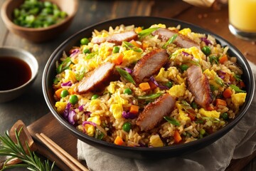 Fototapeta premium Colorful Asian Fried Rice with Vegetables and Grilled Chicken Strips