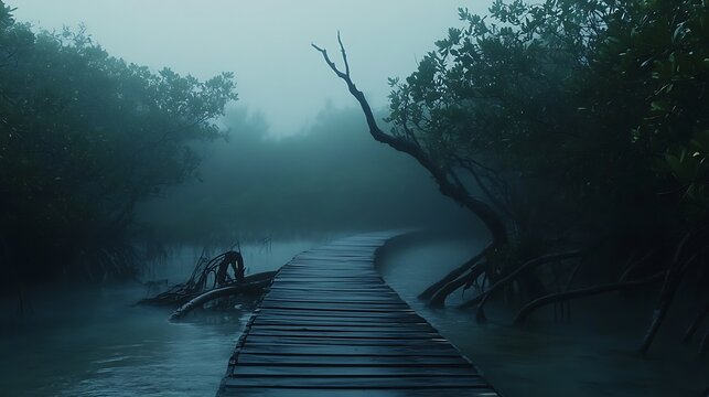 Serene wooden boardwalk through misty mangroves water scenery landscape view
