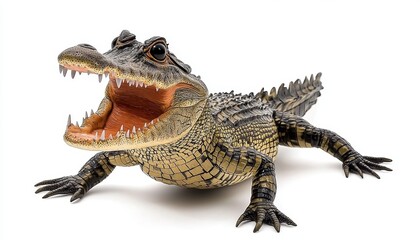 Fototapeta premium Young Alligator with Open Mouth on White Background