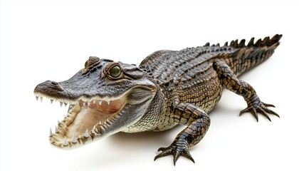 Obraz premium Young Crocodile with Open Mouth on White Background