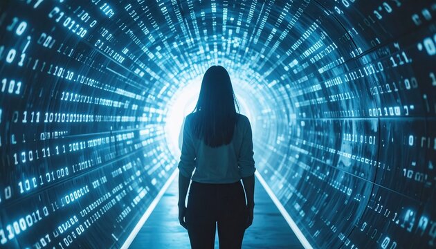Woman walking through a digital tunnel of binary code data stream future technology concept