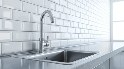 Modern stainless steel sink and faucet against a white tiled wall.