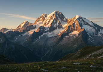 Fototapeta premium Snow Capped Mountain Range at Sunrise with Alpine Meadow Landscape