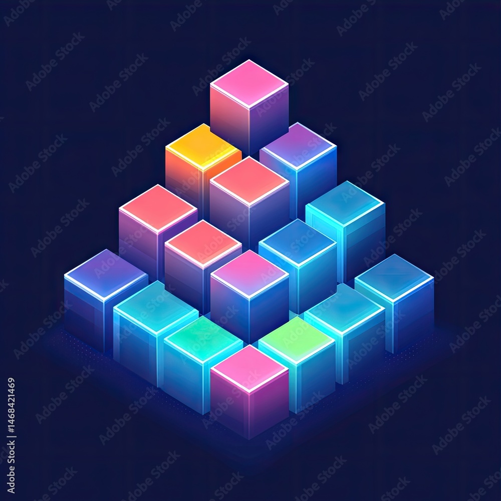 Poster a vibrant. 3d geometric arrangement of glowing cubes in a pyramid formation. set against a dark back
