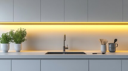Modern kitchen interior with subtle lighting accents.