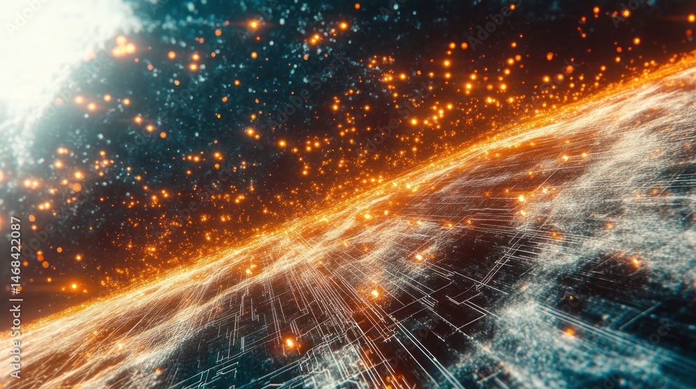Wall mural abstract depiction of glowing particles and interconnected network design