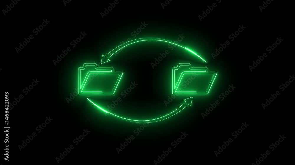 Poster abstract neon file transfer icon glowing animation on black background. neon light glow effect. glow