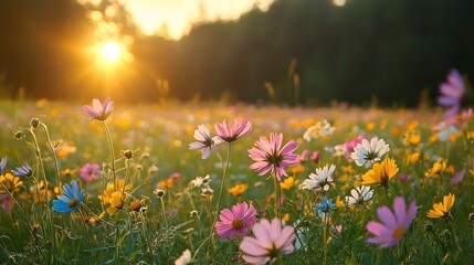 Fototapeta premium Vibrant wildflower meadow under golden sunset soft light illuminating delicate petals cinematic rural tranquility
