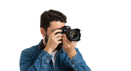Focused photographer in denim jacket holding a DSLR camera up to eye level, capturing a photo, isolated on transparent background