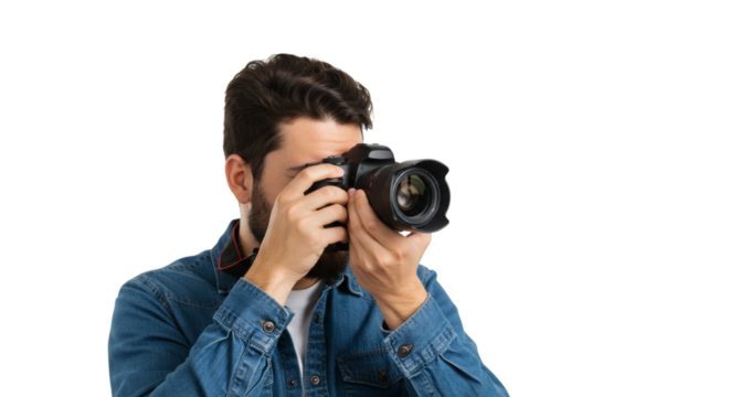 Focused photographer in denim jacket holding a DSLR camera up to eye level, capturing a photo, isolated on transparent background