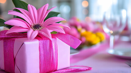 Christmas table set with handcrafted ornaments in bright yellow and pink neon. The simple close-up blends contemporary design with joyous holiday cheer to capture festive inventiveness.