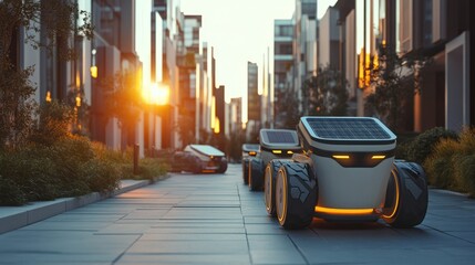 Autonomous Solar-Powered Robots on City Street at Sunset