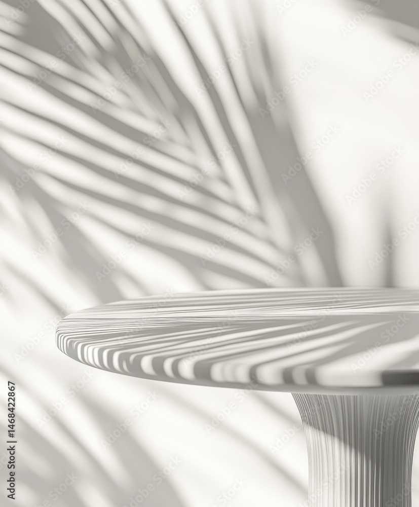 Poster a minimalist white table with soft shadows cast by palm leaves against a smooth wall. creating a ser