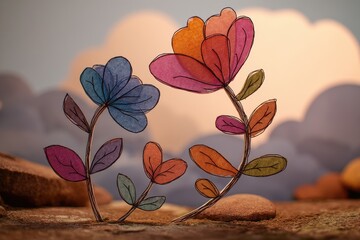 Colorful paper flowers in a dreamy landscape scene.