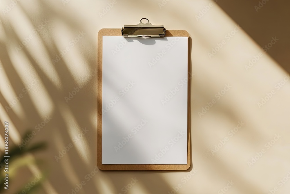 Poster a clean. empty clipboard with a golden edge. resting on a soft beige surface. casting a subtle shado