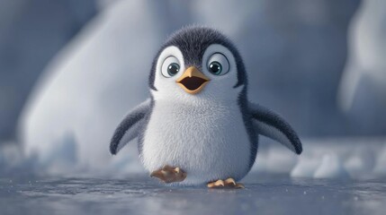Fototapeta premium Cute penguin walking on ice in snowy landscape. Possible use children's book, educational material