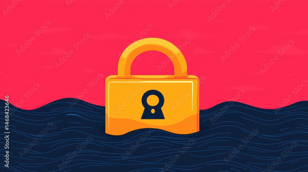Poster a yellow padlock partially submerged in dark waves against a red background, symbolizing security or