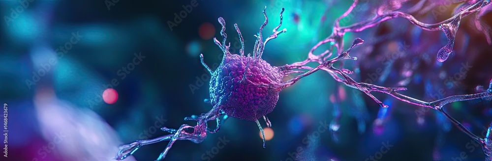 Poster vibrant microscopic view of cells in a dynamic environment. showcasing intricate details of cellular