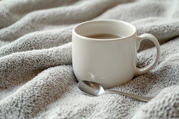 Close-up shot of ceramic mugs and spoons on blankets. Generative AI
