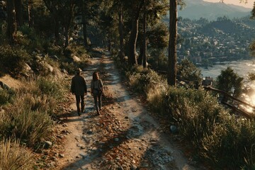 Obraz premium Two individuals walking on a forest path near a serene water body surrounded by lush greenery