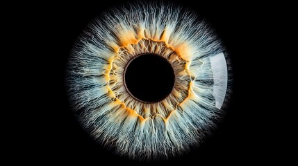 Close-up image of a colorful human iris with intricate details and vibrant patterns against a black background.