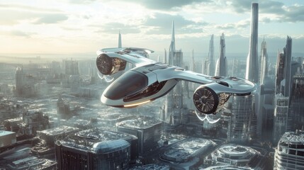 Futuristic Flying Car Above Cityscape