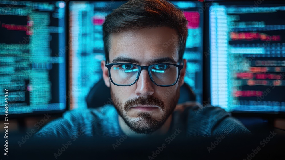Poster a focused man with glasses works intently at a computer, surrounded by multiple monitors displaying 