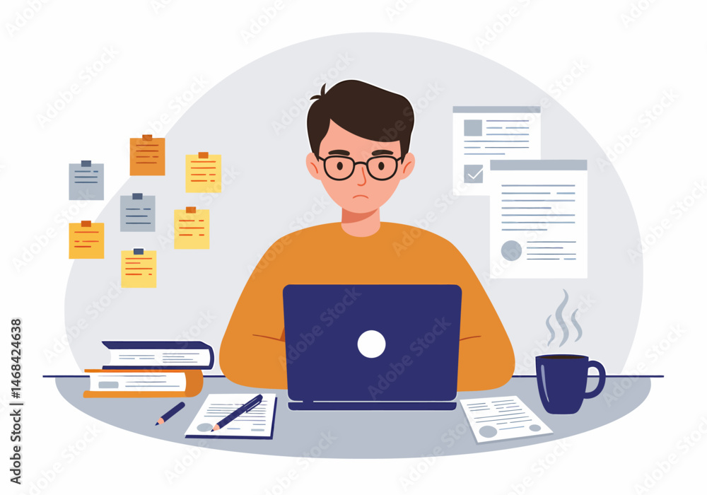 Poster man working at desk with laptop and notes