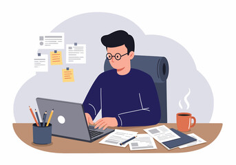 Focused Man Working at Desk on Laptop