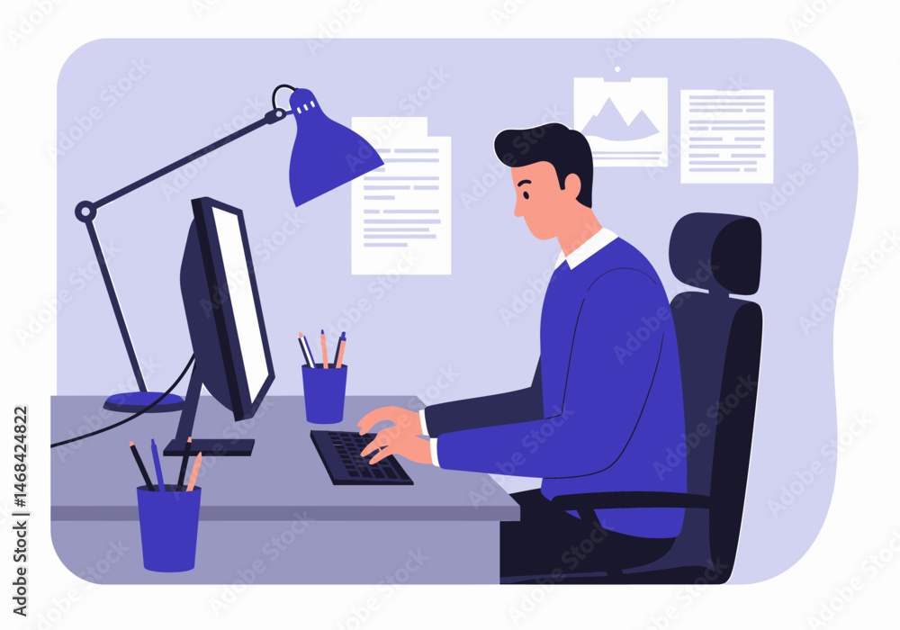 Poster man working on computer in office at his desk
