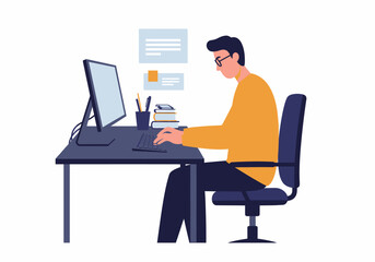 Young Man Working Hard at Computer on His Desk