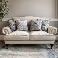 Cream-colored sofa with blue patterned cushions in a room.