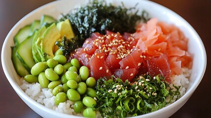 Vibrant poke bowl ahi tuna edamame cucumber and avocado on a bed of rice surrounded by colorful toppings like seaweed and sesame seeds