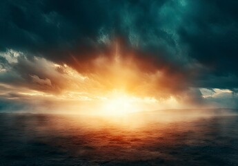 Stormy sky with a bright sun in the middle. The sun is surrounded by dark clouds