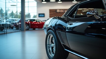 Fototapeta premium Sleek Polished Muscle Car Showroom Display Under Spotlight with Reflections