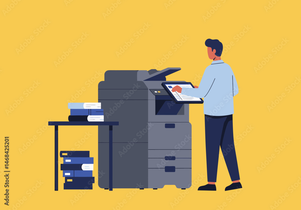 Poster man using multifunction printer scanner in office environment