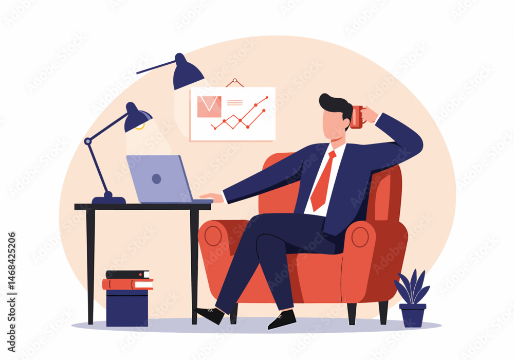 Poster man working from home analyzing data on computer