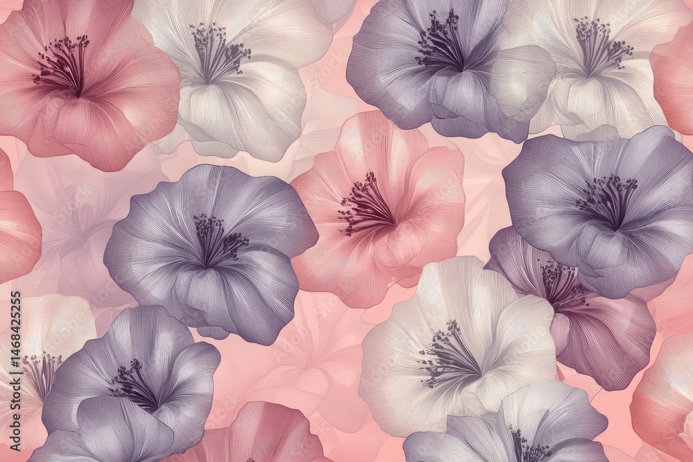 Poster a delicate composition of translucent flowers in soft hues of purple and pink. creating a serene atm