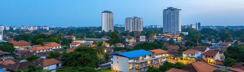 Cityscape twilight high-rises above homes