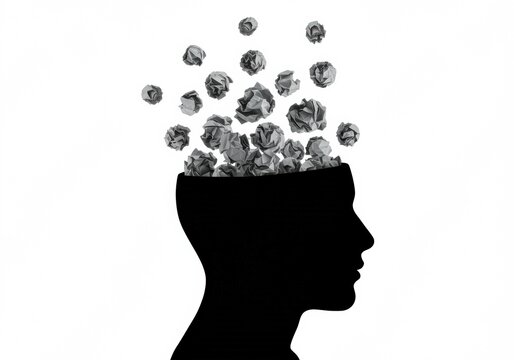 A creative concept, where ideas pour from an open head, filled with crumpled paper balls.