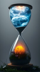  Nature's Dichotomy: Surrealist Hourglass in Storm and Sun
Concept: Contrast, nature's balance, time's duality