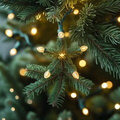 Golden ornaments decorate a fir Christmas tree, a festive holiday celebration with golden balls on its branches