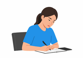 Concentrated Woman Writing on Paper Sitting at Desk