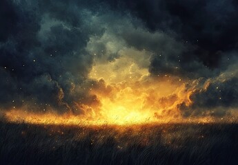 Naklejka premium Field of grass with a bright orange sun in the sky. The sky is dark and stormy, with clouds