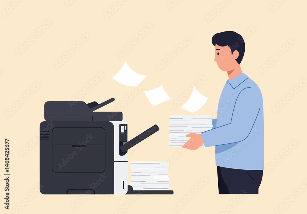 Aufkleber man using office printer with flying paper sheets