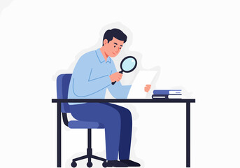 Flat vector illustration of office worker sitting at desk and examining document with magnifying glass for analysis or review.