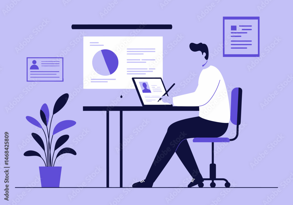 Poster man analyzing data charts on computer desk illustration