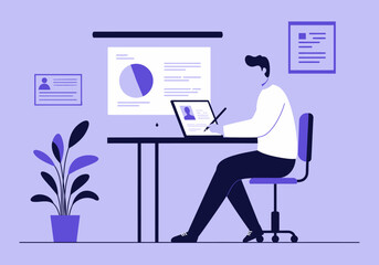 Man Analyzing Data Charts on Computer Desk Illustration