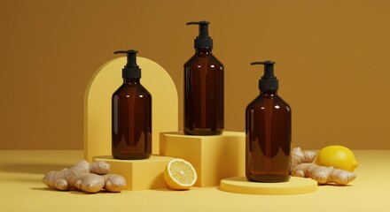 Amber glass bottles with dispenser pumps, ginger roots, and lemon halves on yellow